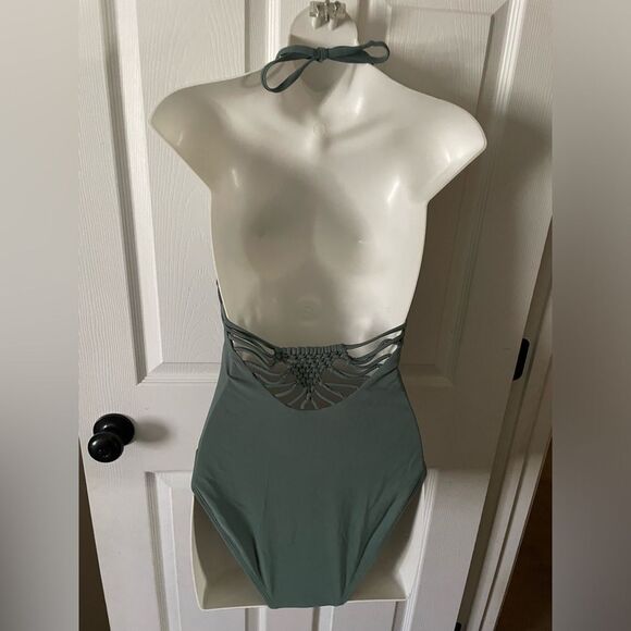 Xhilaration Green One Piece Swimsuit with Halter Neck and Criss-Cross Detail - Picture 3 of 7